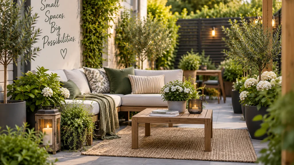 Cozy small backyard patio with seating, plants and outdoor lighting