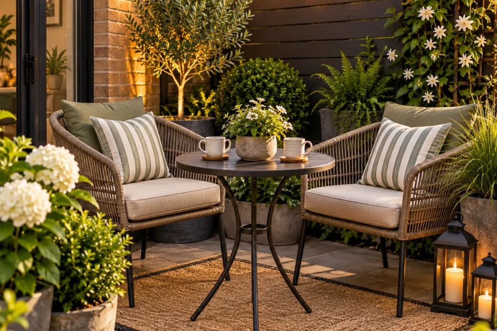 Cozy small patio seating area with two chairs, a round table, plants and warm string lights
