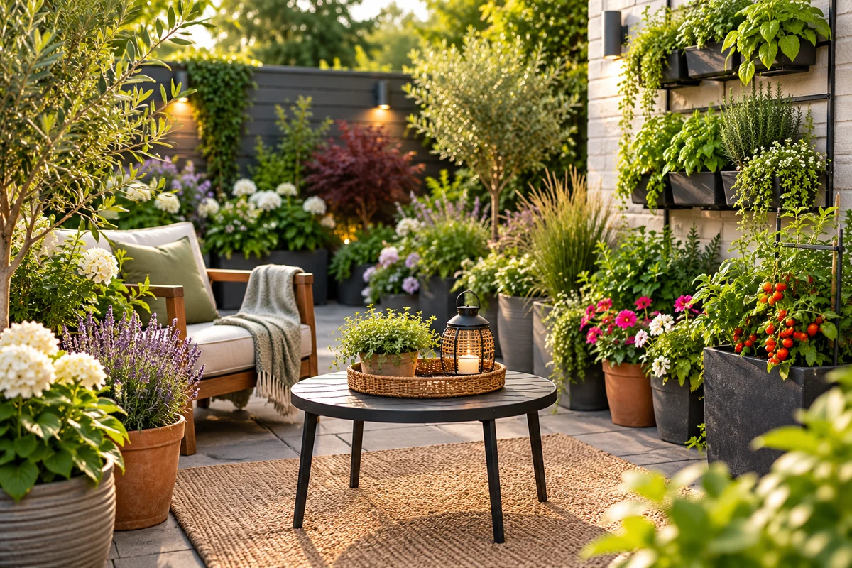 Small patio filled with container plants, herbs, flowers and tomatoes around a cozy seating area