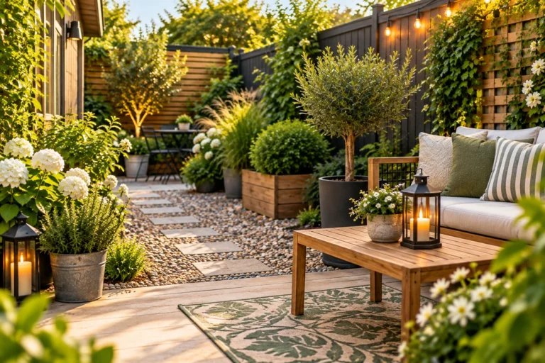 Cozy small backyard with seating, plants, string lights and a gravel path