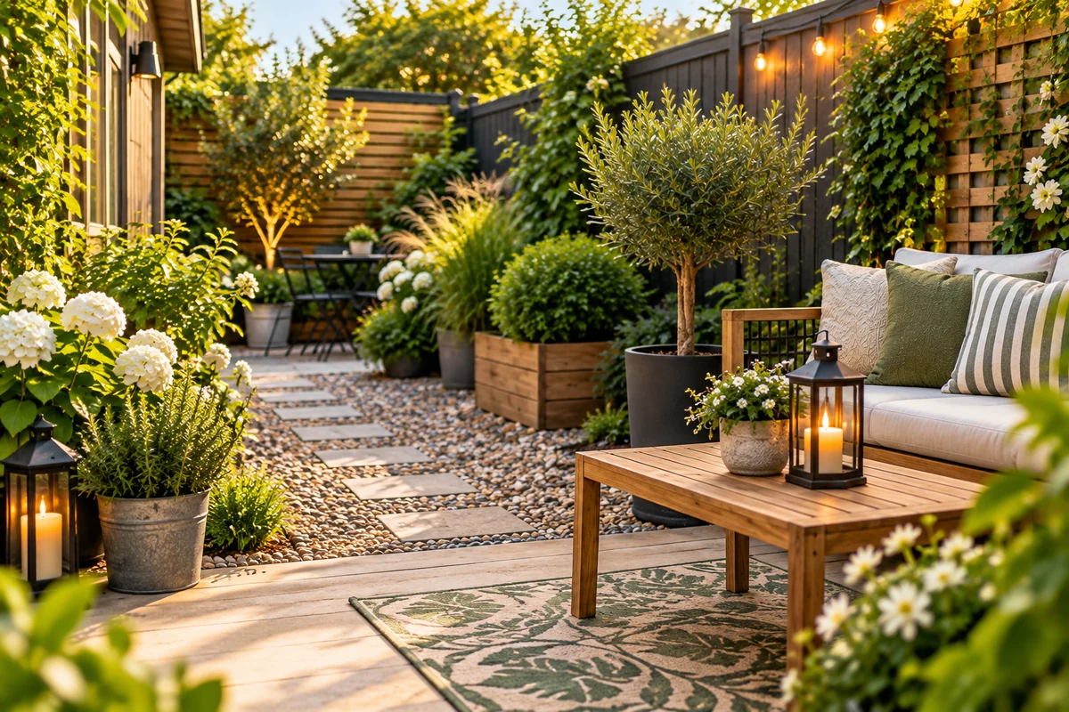 Cozy small backyard with seating, plants, string lights and a gravel path