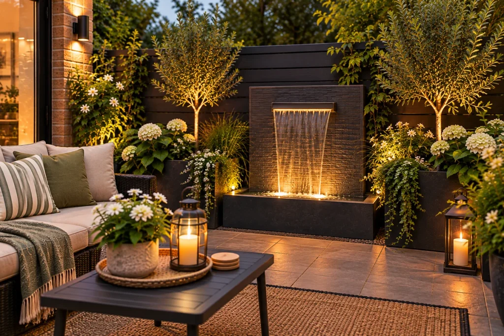 Small patio with a statement water feature, lanterns, plants and cozy outdoor seating