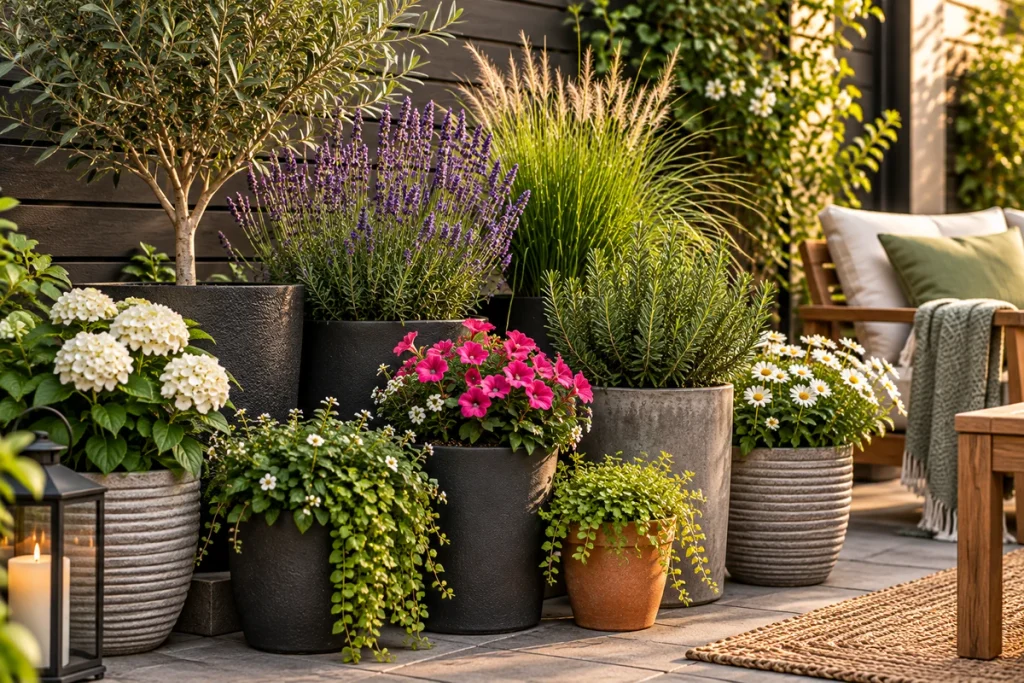 Grouped garden containers in different heights with flowers, herbs and ornamental grasses on a small patio