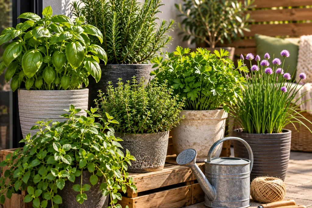 Compact herb garden with basil, rosemary, thyme, parsley and chives in pots on a sunny patio