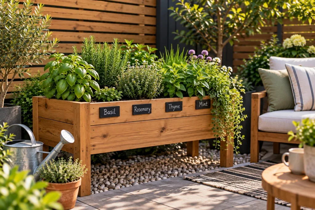 Wooden raised herb planter filled with basil, rosemary, thyme and mint in a small backyard patio