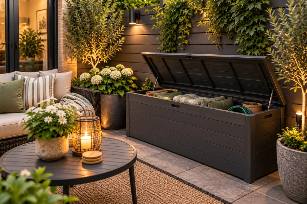 Outdoor storage box with cushions and garden tools beside a cozy small patio seating area