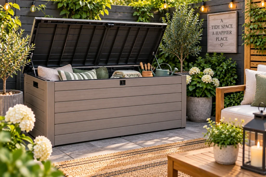 Outdoor storage box in a small backyard with cushions, garden tools and plants