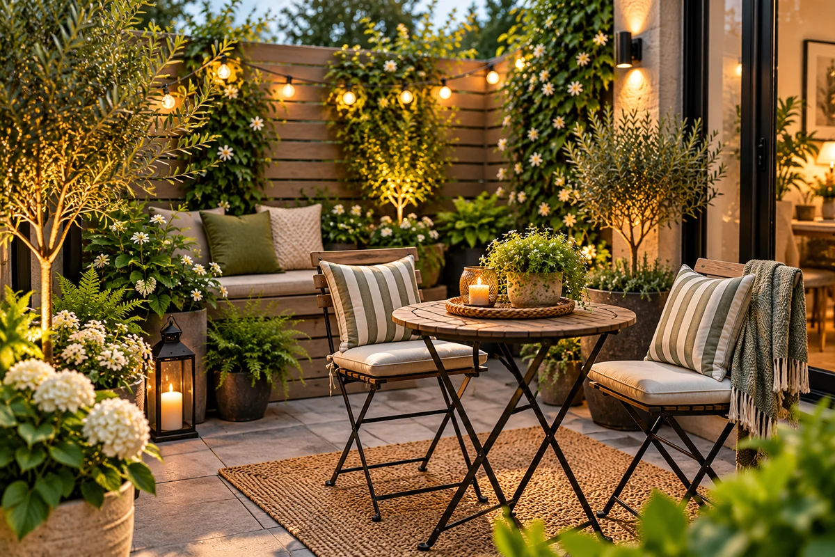 Cozy small patio with bistro seating, plants and warm string lights at dusk