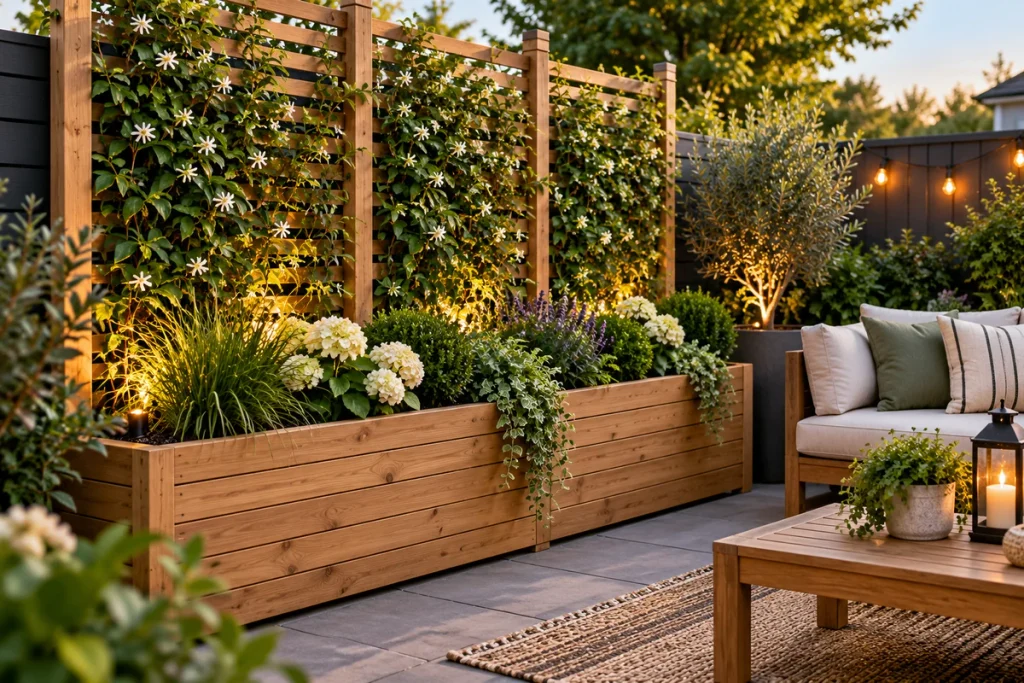 Wooden privacy planter with climbing plants and flowers beside a small backyard seating area