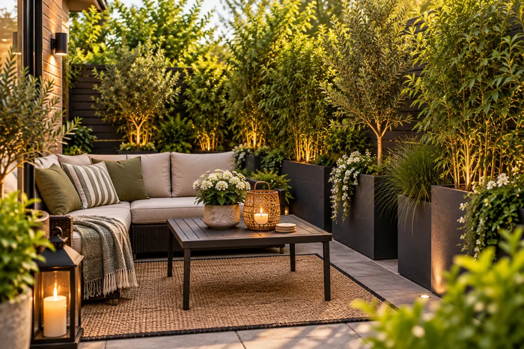 Tall planters with trees and grasses creating privacy around a cozy small patio seating area