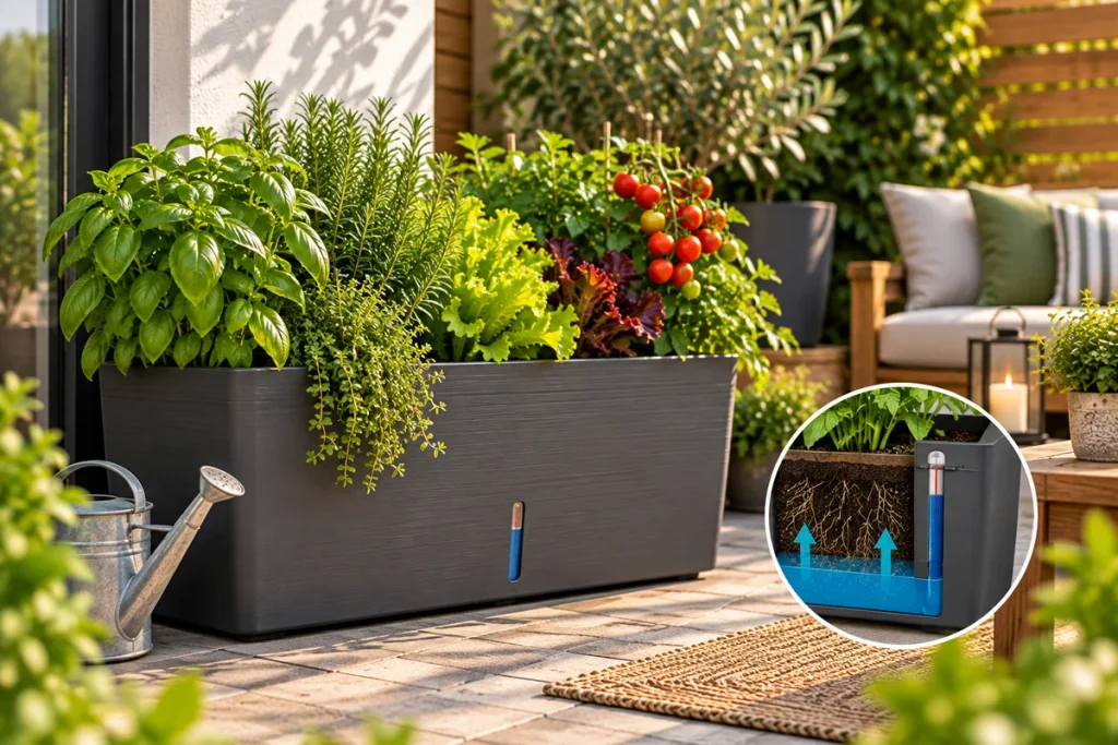 Self-watering planter filled with herbs, lettuce and tomatoes on a small patio with a visible water reservoir