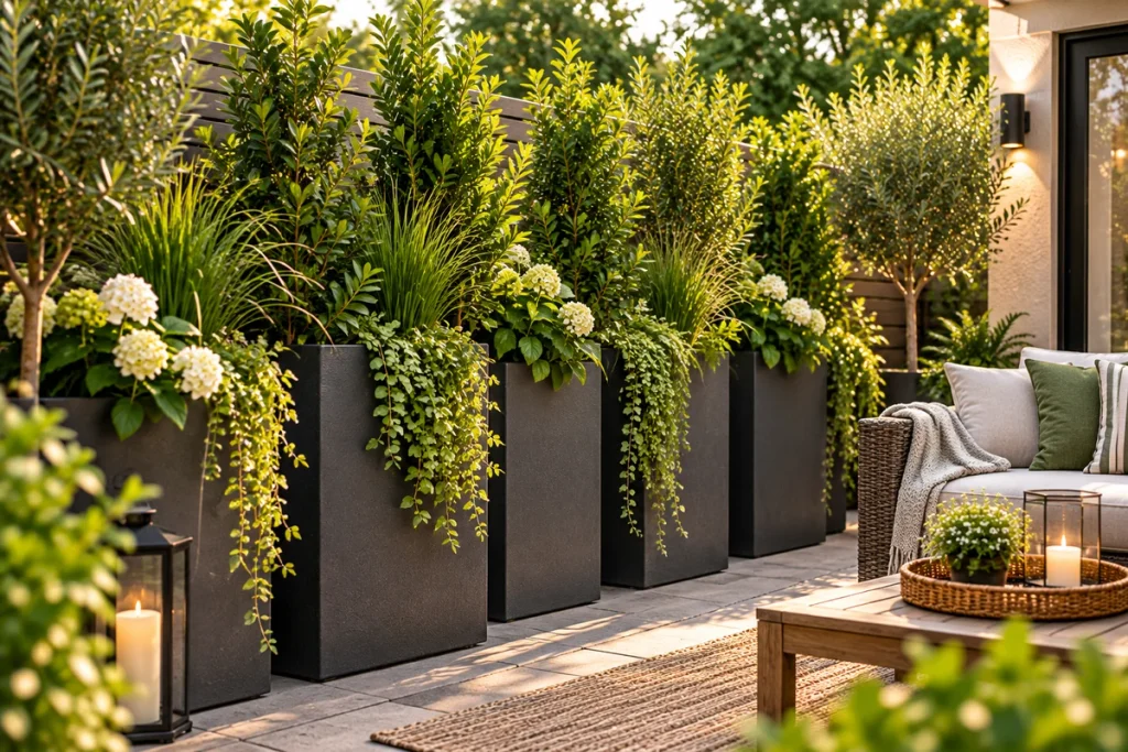 Tall outdoor planters with evergreen shrubs, grasses and flowers creating privacy beside a small patio seating area