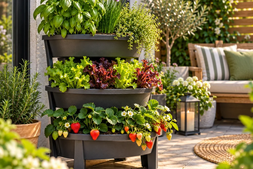Tiered patio planter filled with herbs, lettuce and strawberries in a small outdoor space