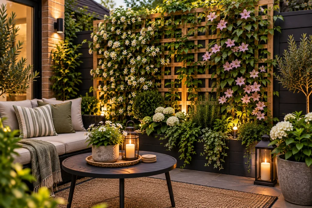 Wooden trellis covered with climbing flowers beside a cozy small patio seating area