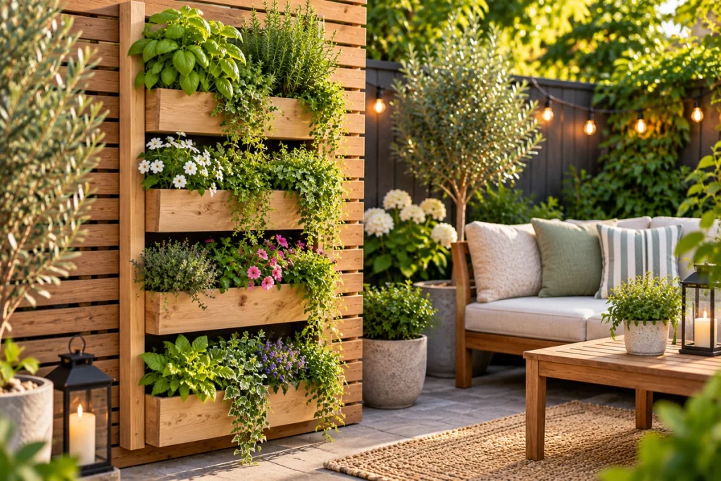 Wooden vertical planter filled with herbs and flowers in a small backyard
