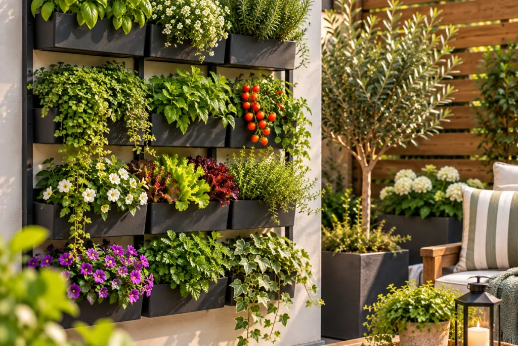 Vertical wall planter filled with herbs, flowers and small vegetables beside a cozy patio seating area