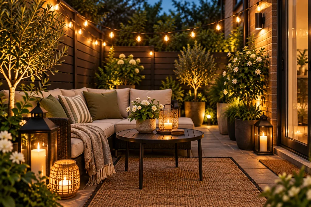 Cozy small patio with warm string lights, lanterns, plants and outdoor seating at dusk