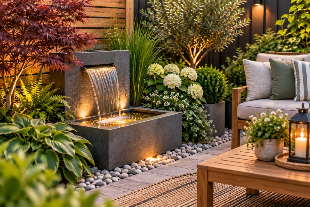 Small stone water feature surrounded by lush plants beside a cozy backyard seating area